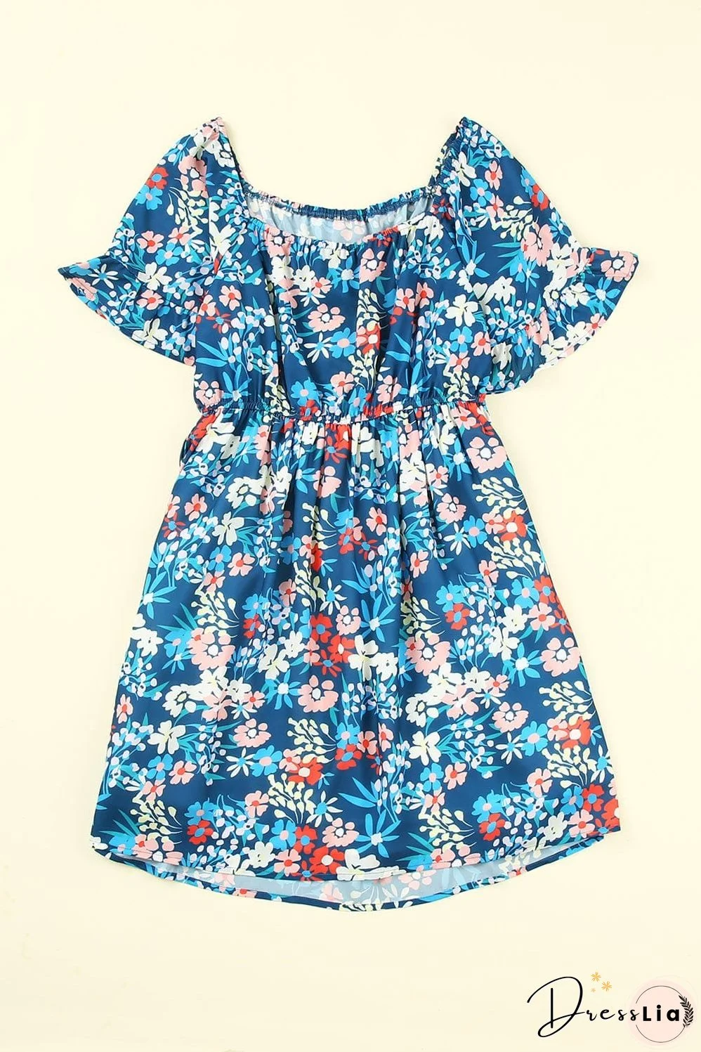 Blue Floral Ruffle Mini Dress with Square Neck