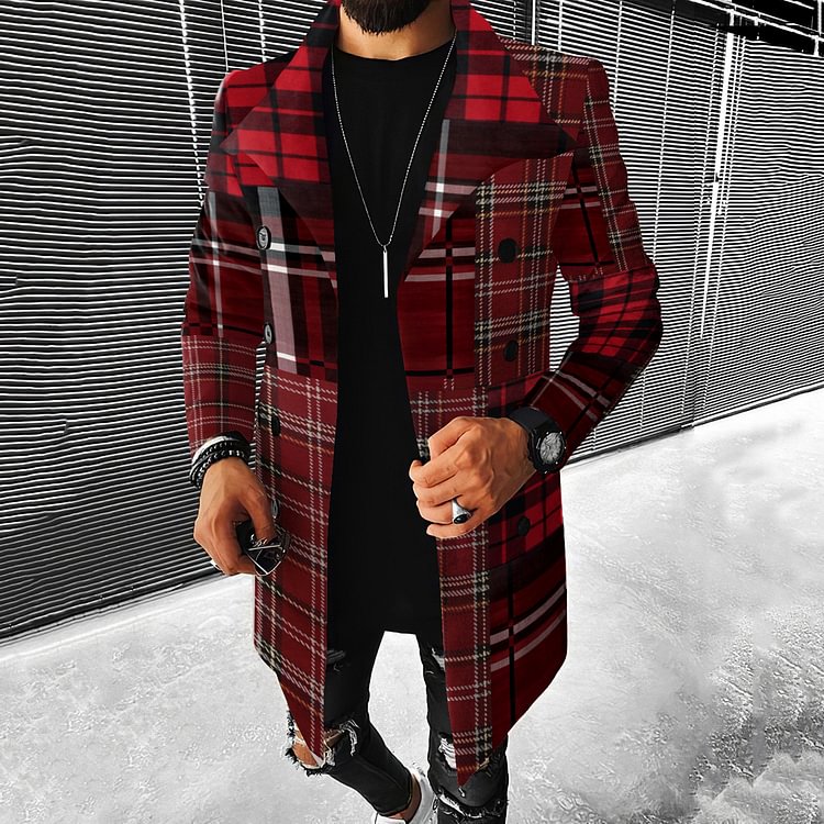 Fashion Patchwork Red Check Casual Coat