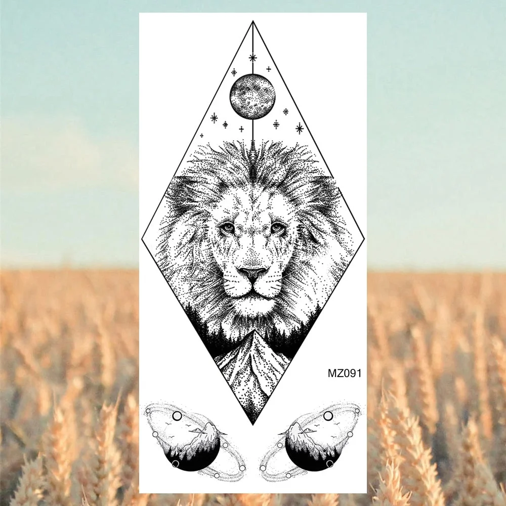 Black Lion Fashion Calf Temporary Tattoos For Women Adult Men Lion Geometric Owl Fake Tattoo Realistic Body Art Decoration Tatoo