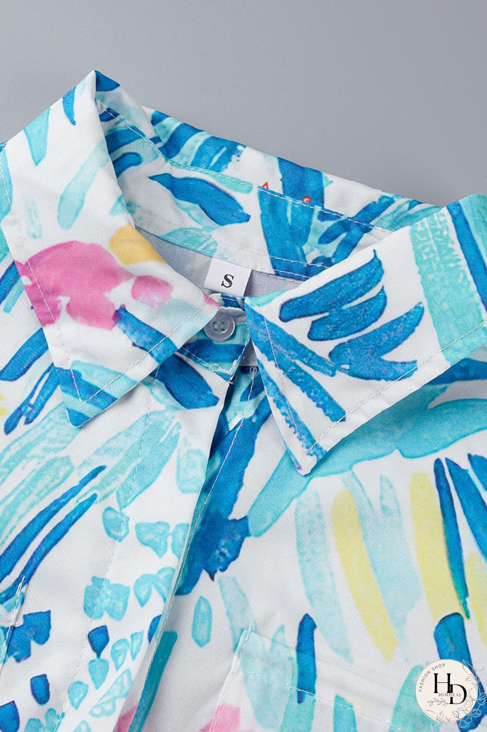 Sky Blue Casual Print Patchwork Buckle Turndown Collar Tops