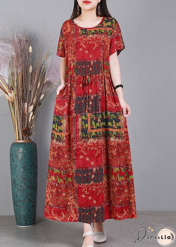 Plus Size Red O-Neck Cinched Print Drawstring Silk Long Dresses Short Sleeve