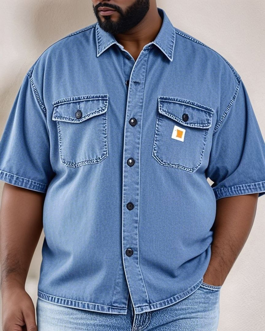 Men's Plus Size Denim Button-down Pocket Vintage Short-sleeved Shirt