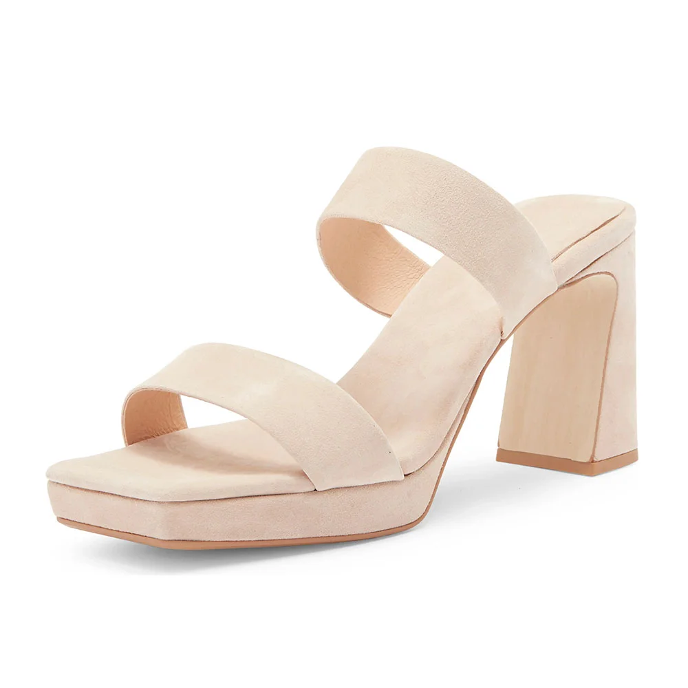Vegan Suede Square Toe Platform Two Strap Mules Sandals in Beige
