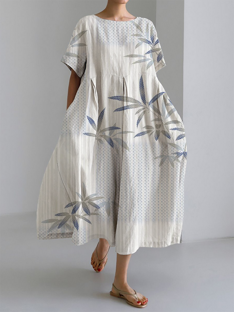 Women's Simple Bamboo Print Large Hem Long Dress socialshop