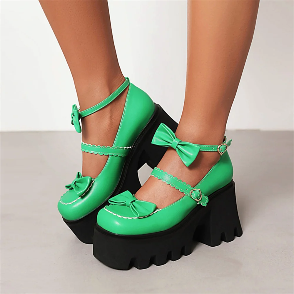 Green Leather Butterfly Decor Lug Sole Mary Janes Chunky Heels Pumps Nicepairs