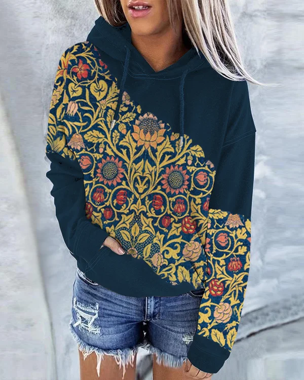 Art Vintage Floral Print Hooded Sweatshirt