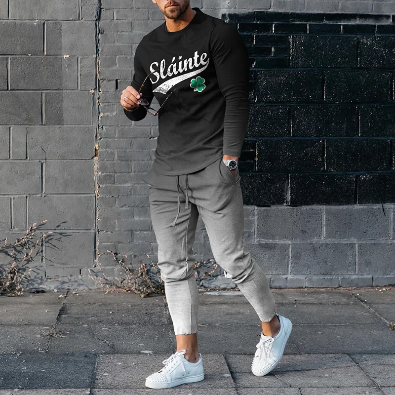 Men's Letter Pattern Gradient Long Sleeve T-Shirt And Pants Co-Ord