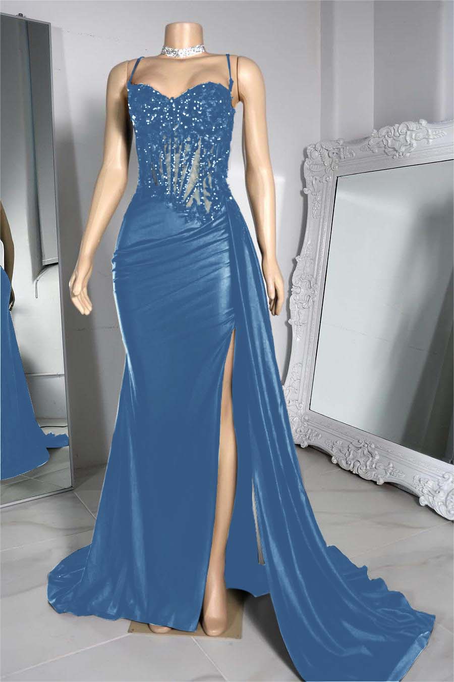 Hidais Exquisite Black Spaghetti Strap Sleeveless Pleated Long Split Prom Dress With Beading