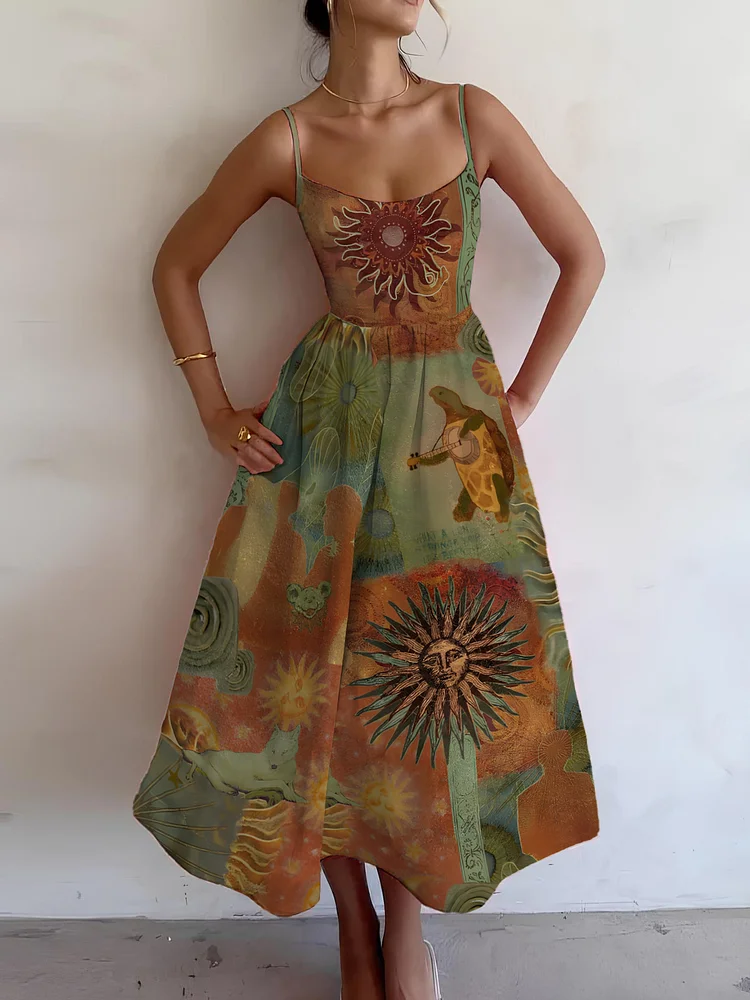 Women's Mysterious Hippie Art Turtle Floral Print Cami Midi Dress