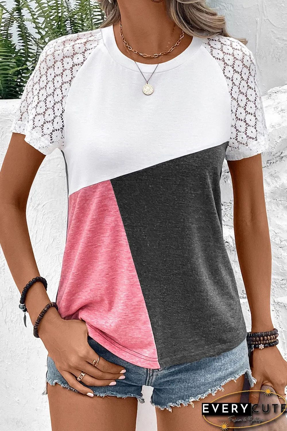 Multicolor Color Block Lace Patchwork Short Sleeve T Shirt