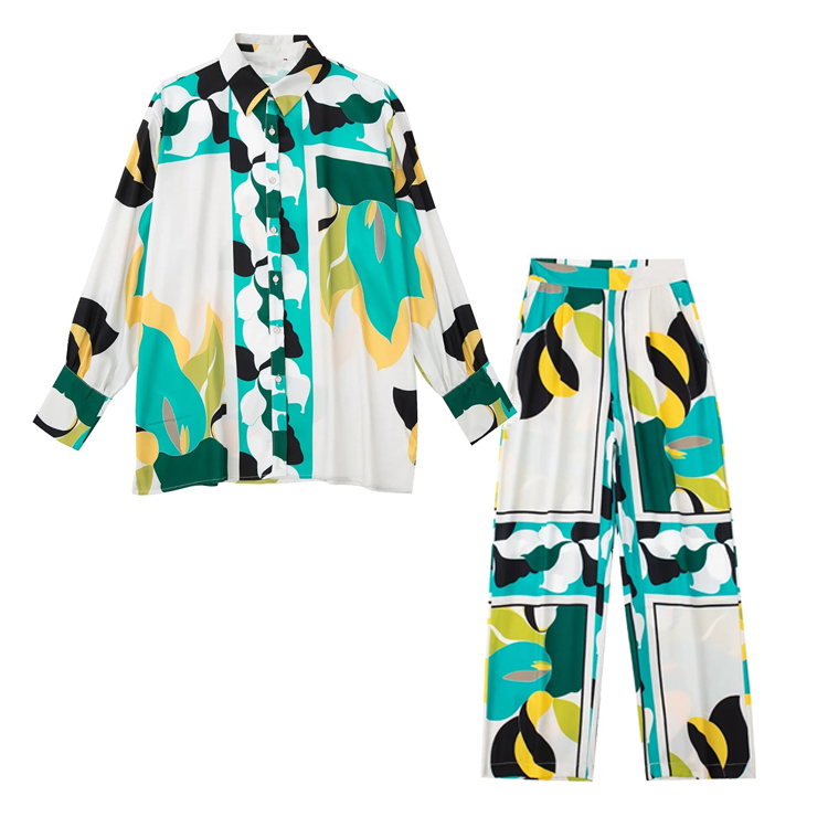 Flaxmaker Long Sleeve Graphic Printed Shirt and Pant Two Piece Set
