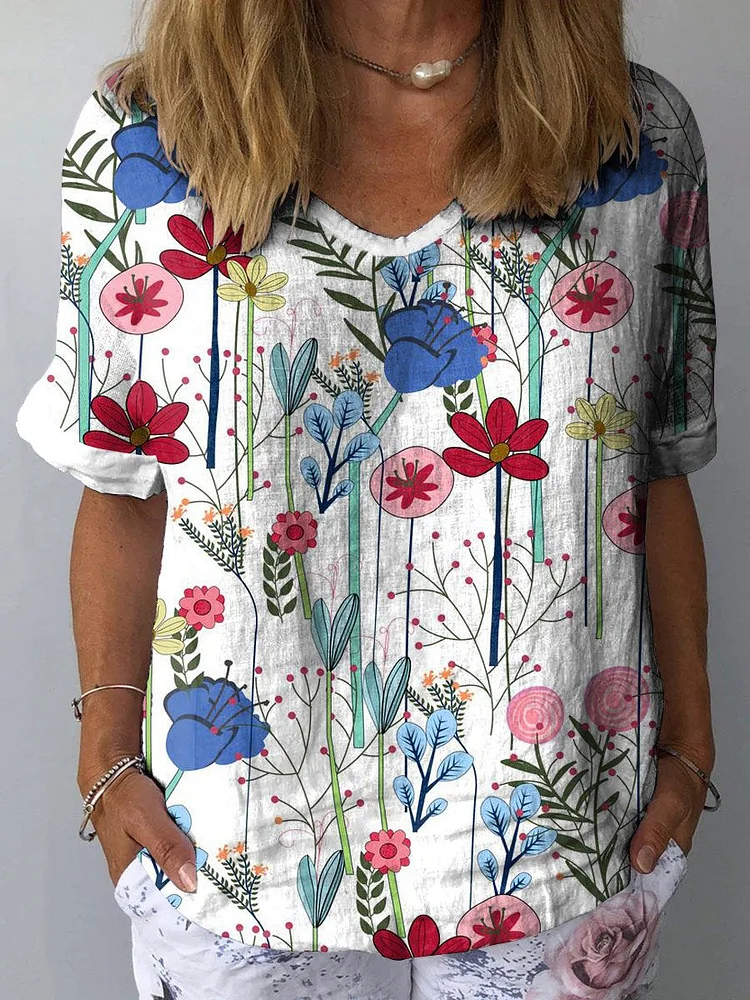 Women's Lovely Floral Art Print Casual Cotton And Linen Shirt