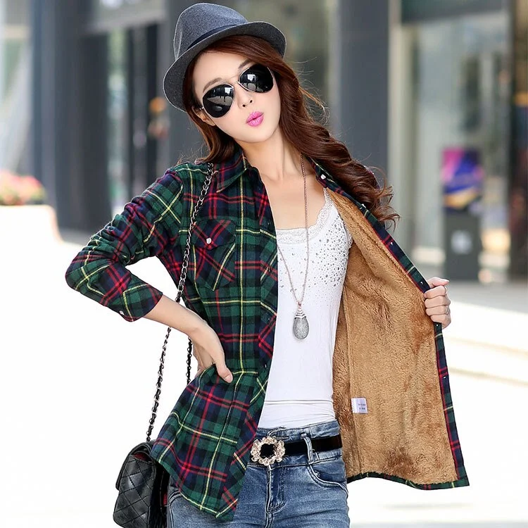 Plus Velvet Thicker Shirt Style Jacket Coat 2022 Winter New Hot Multicolor Plaid Warm Fleece Women Tops Brand Female Outerwear