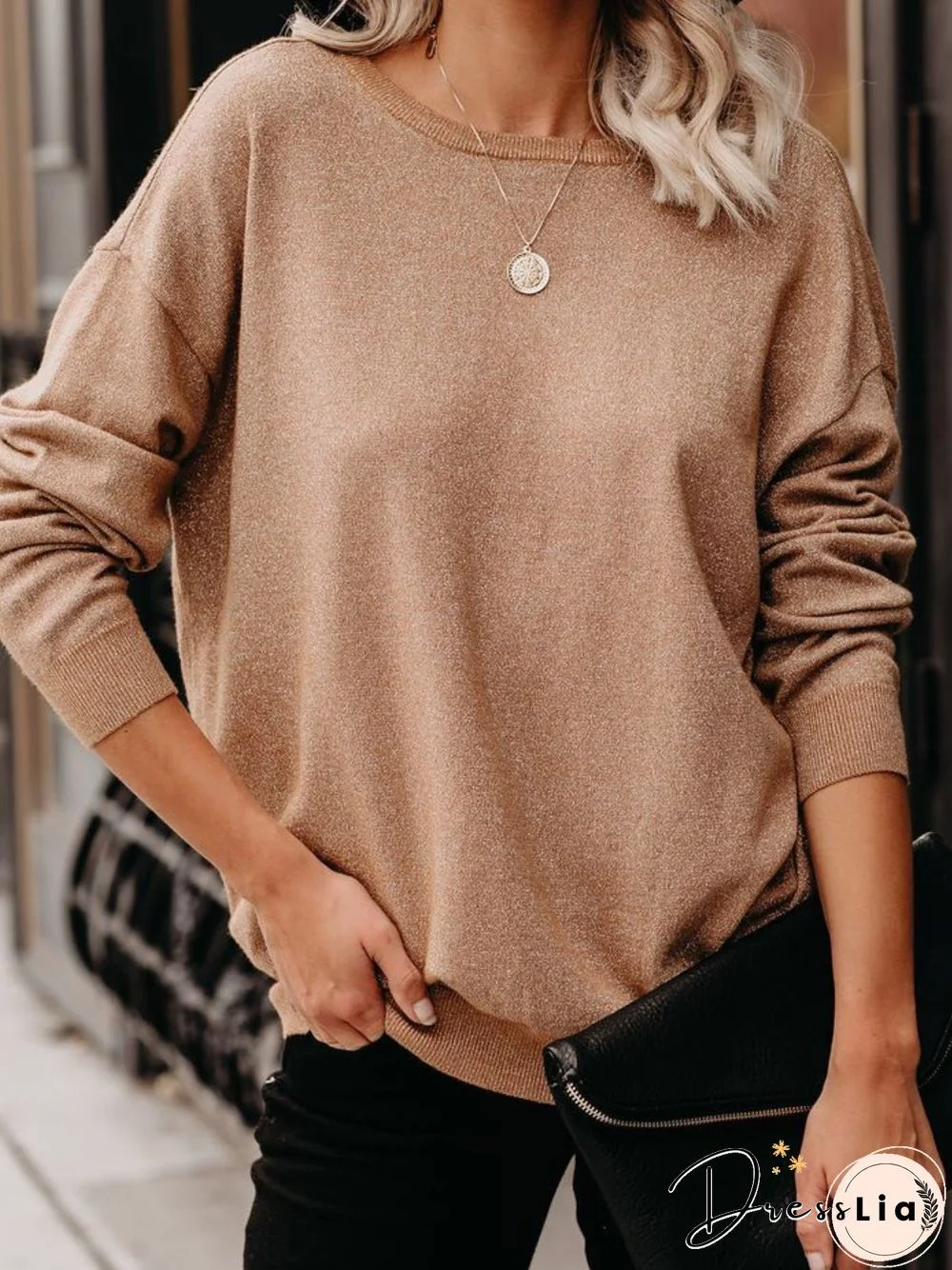 Khaki Long Sleeve Cotton-Blend Round Neck Solid Sweater