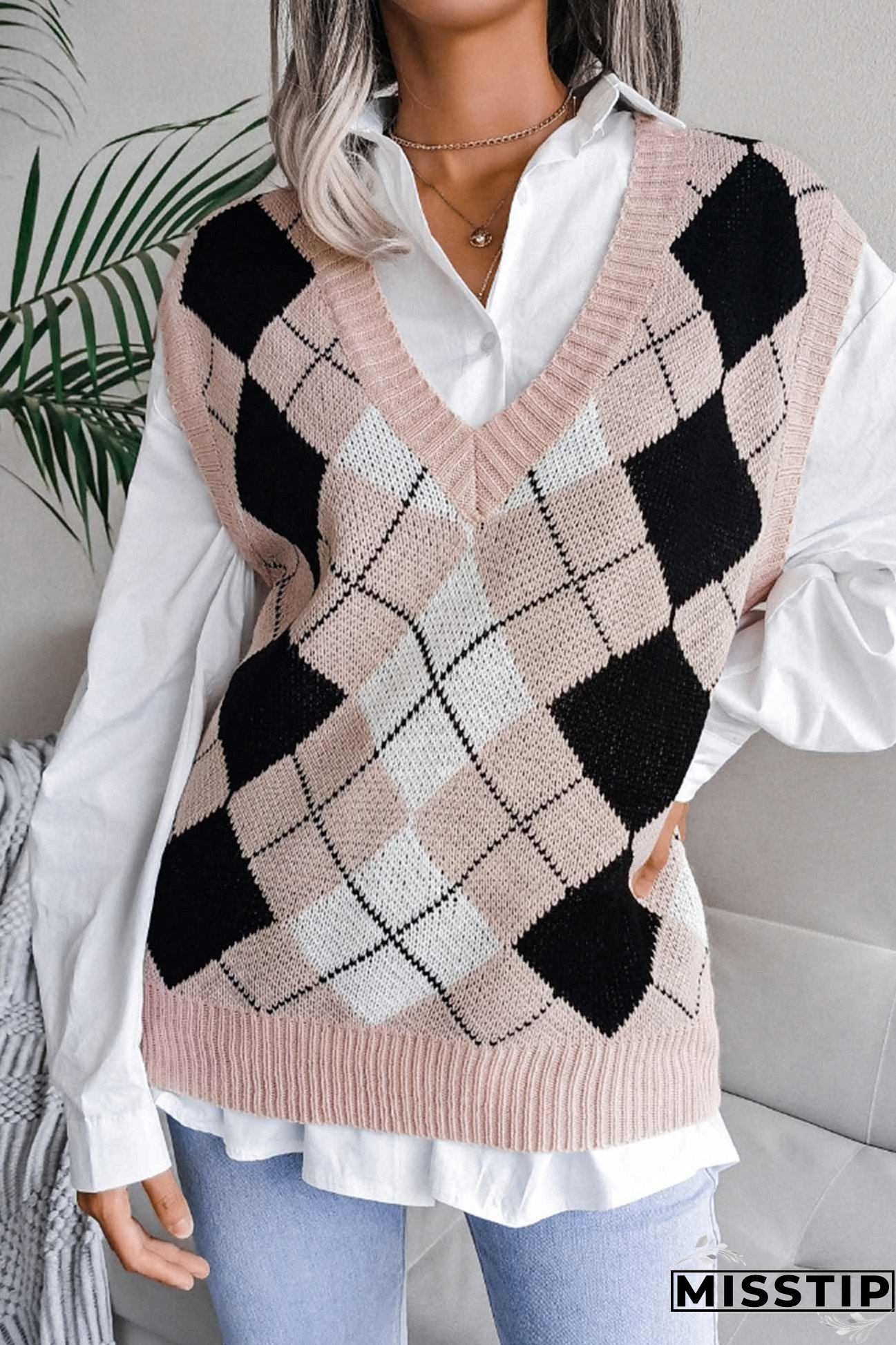 V Neck Checked Knit Tank Sweater