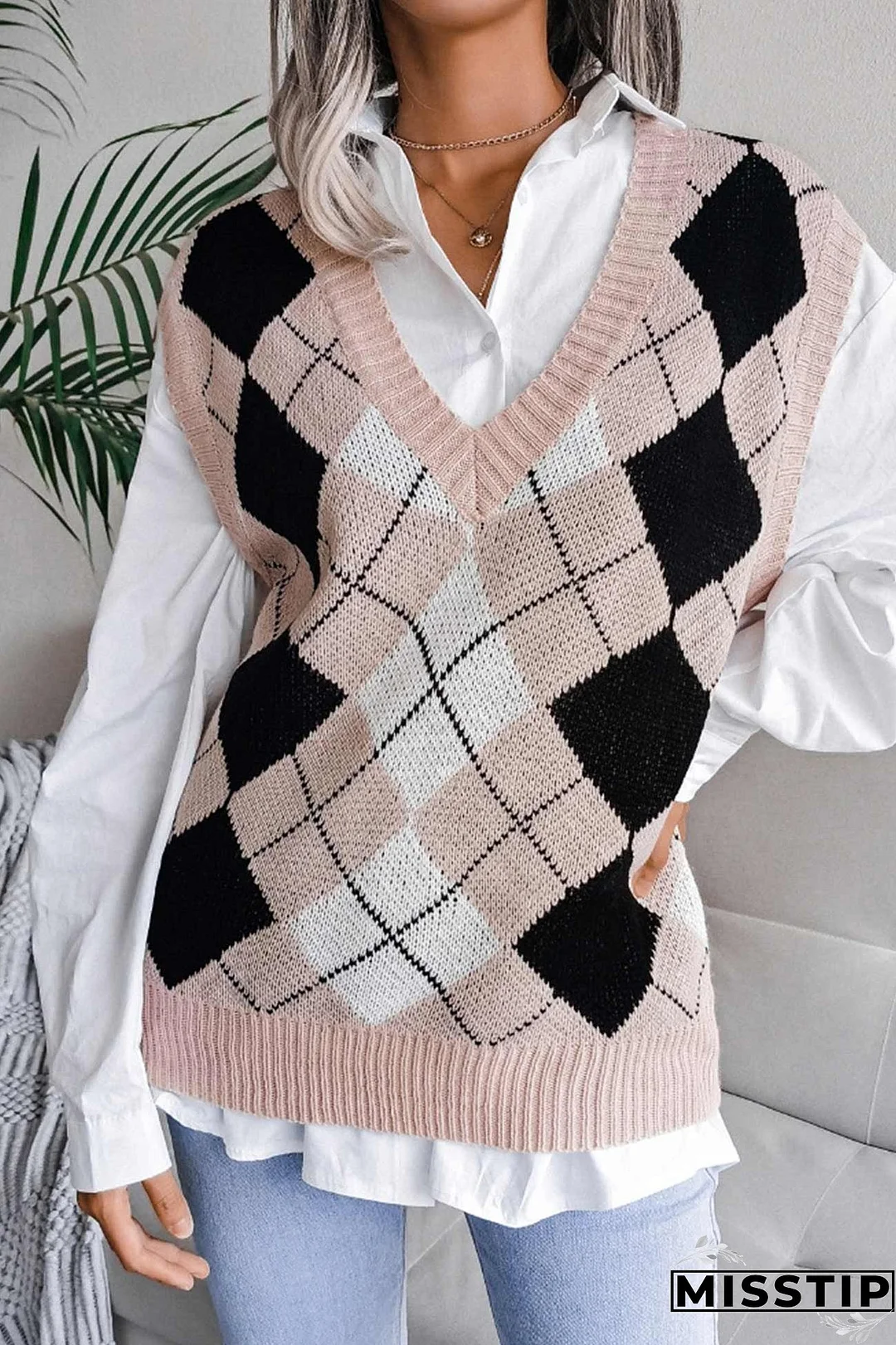 V Neck Checked Knit Tank Sweater