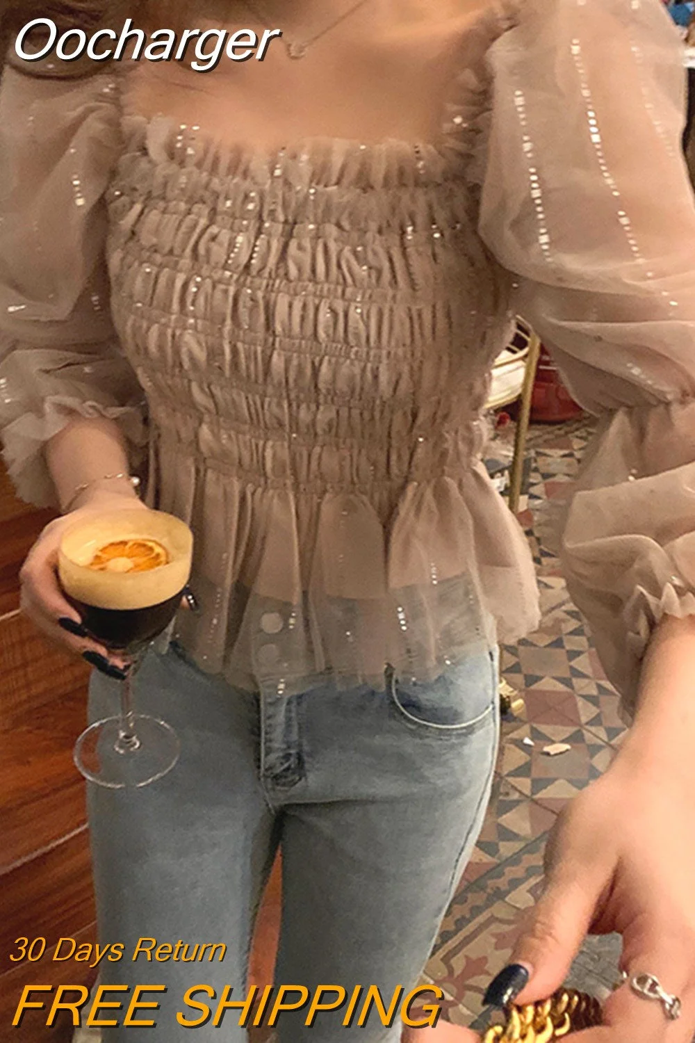 Oocharger Chiffon Blouse Women Tops Solid Slash Neck Puff Sleeve Spring Sweet Shirts Ruffles Sequins Blusas Mujer 2023 Ins