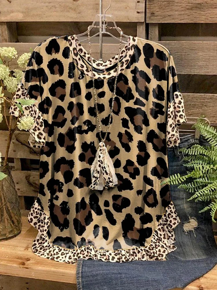 Women Leopard Printed Short Sleeve Big Round Neck Loose Top