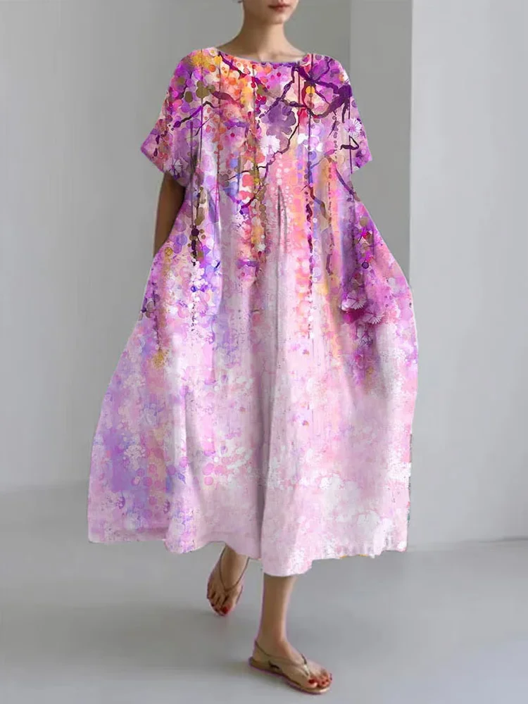 Women's Cotton And Linen Pink Floral Print Casual Short Sleeve Dress