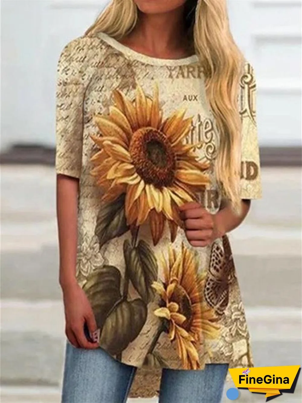 Sunflower And Letter Printed Shirt