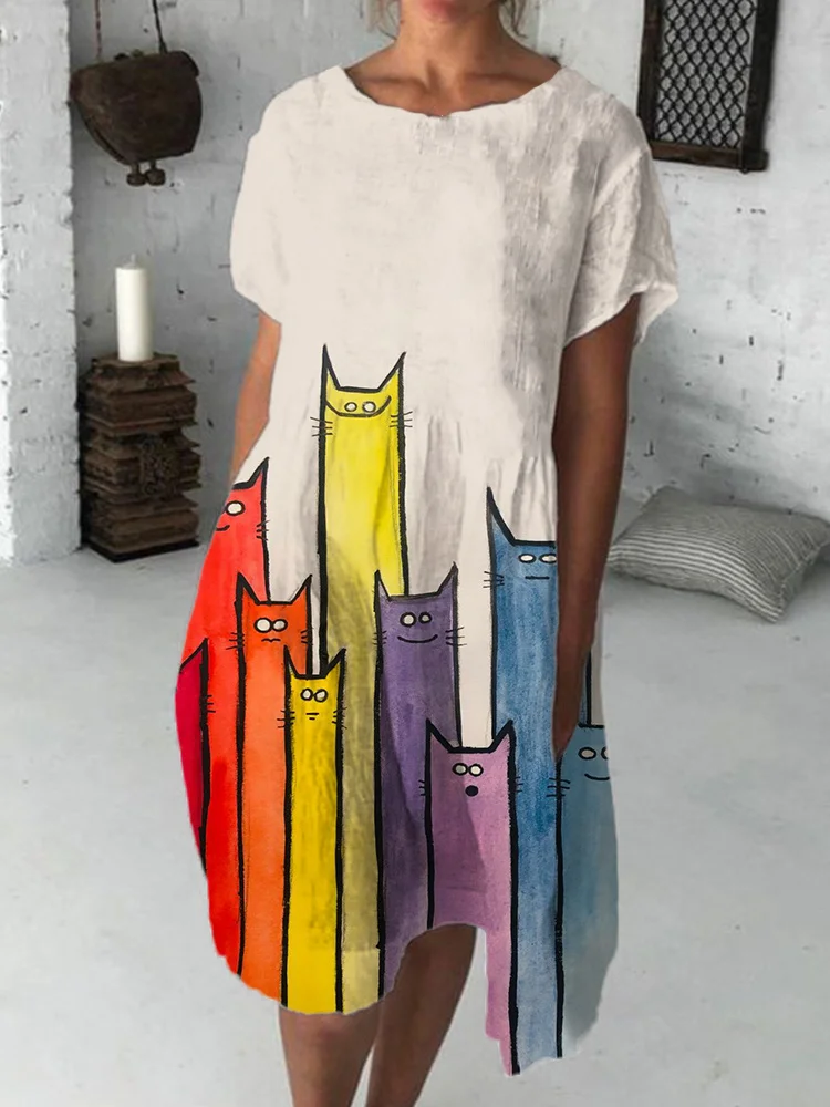 Colorful Cat Crowd Casual Wide Skirt Midi Dress