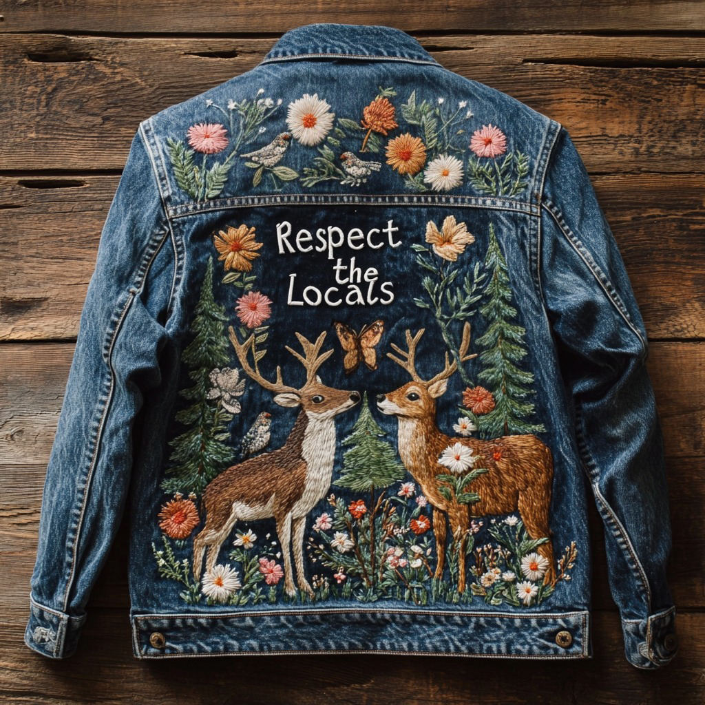 Comstylish Retro Elk Floral Embroidered Art Respect The Locals Denim Jacket
