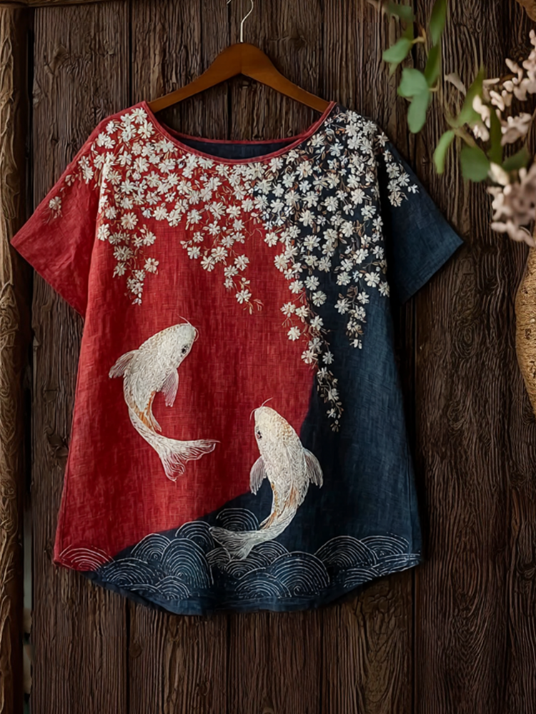Japanese Art Koi And Cherry Blossom Pattern Design Casual Linen Short-sleeve T-shirt wearshes