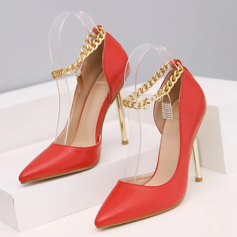 2021 Spring Summer Fashion Rhinestone Metal Chain Women Pumps Elegant Pointed toe Stiletto High Heels Shallow Office Lady Shoes