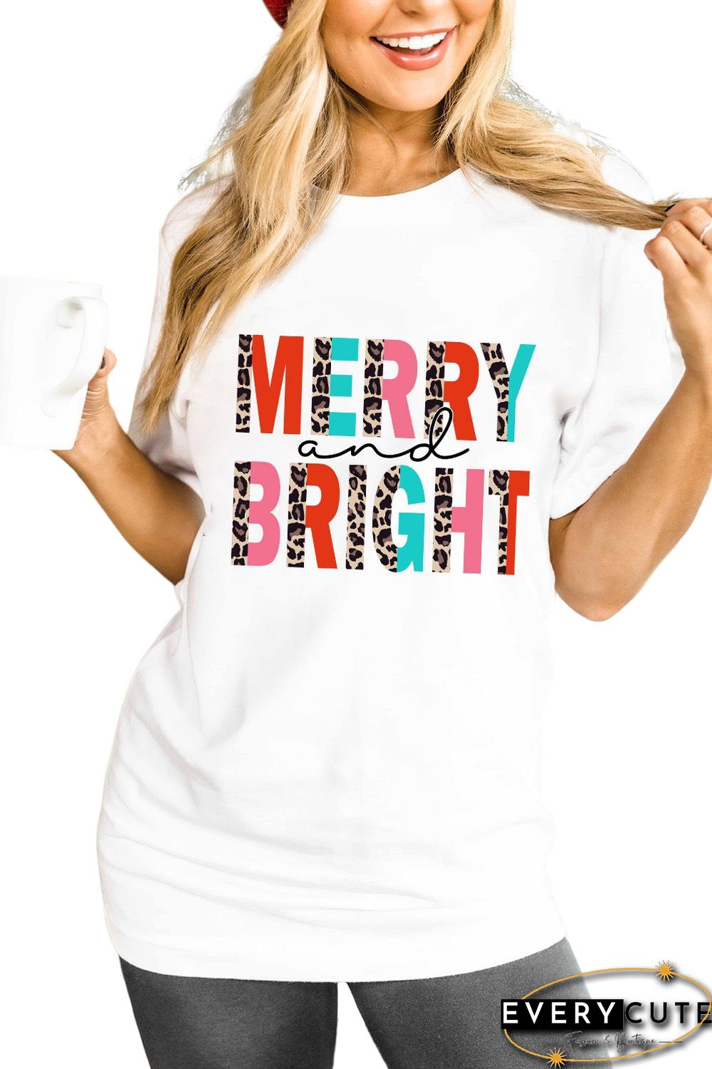 White Merry and Bright Leopard Print Short Sleeve Graphic Tee