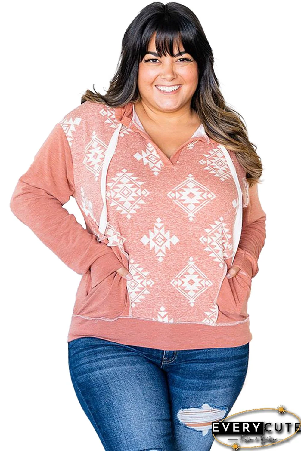 Orange Aztec Print Paneled Reverse Seam Trim Plus Size Hoodie