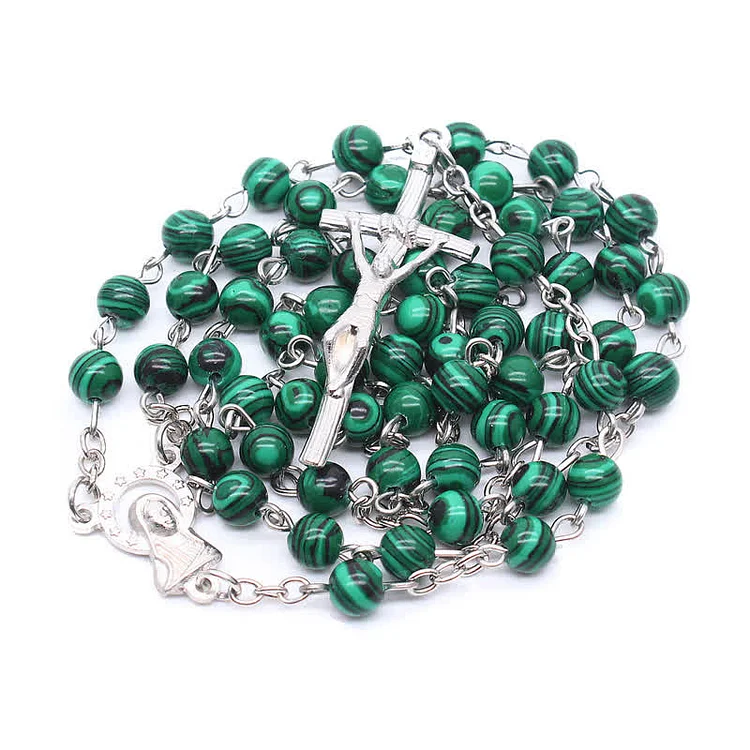 Natural Malachite Cross Rosary Necklace