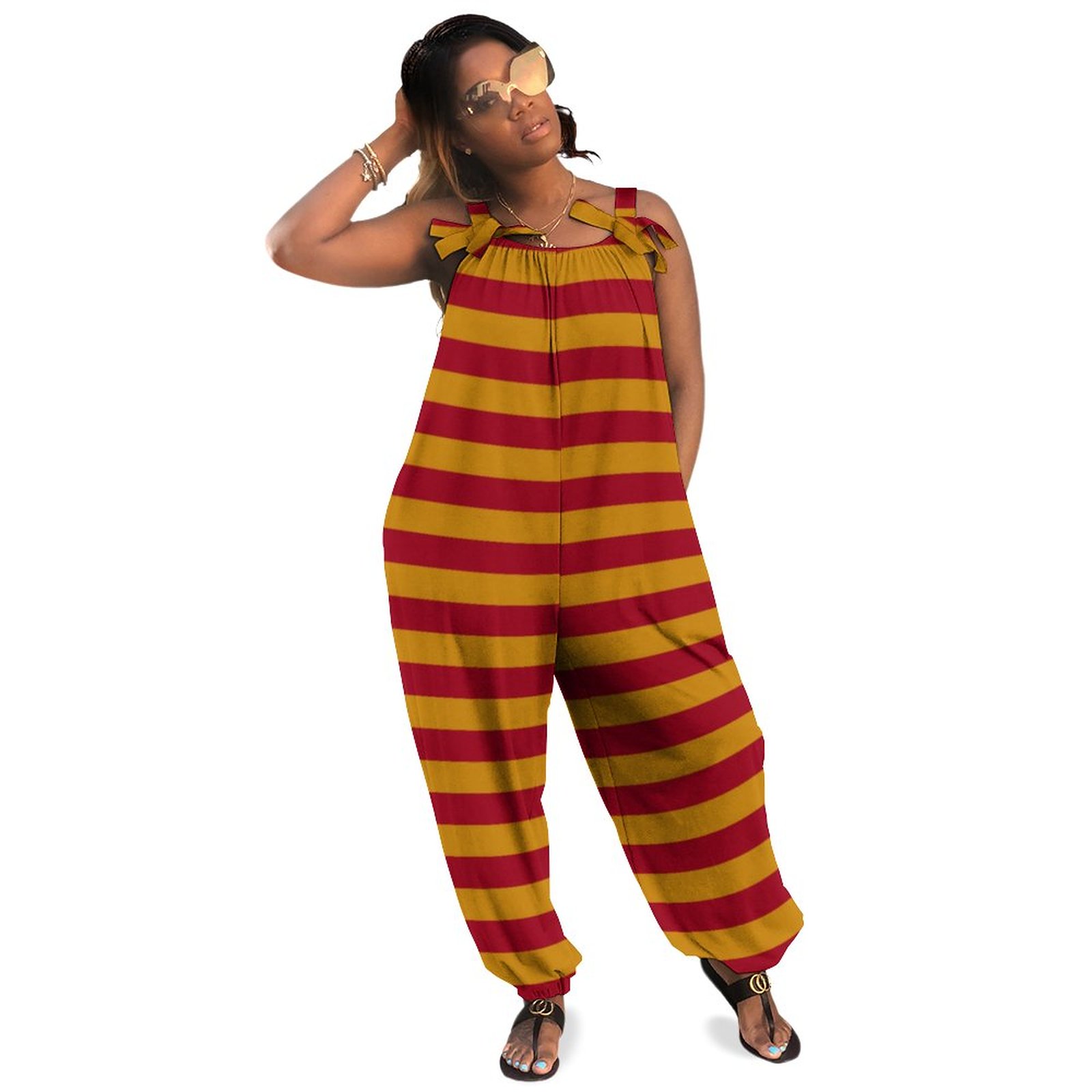Garnet And Gold Stripes Women Plus Size Jumpsuit Summer Loose Harem Pants Casual Ladies Large Size Jumpsuits Jumper Romper Long Length Pockets