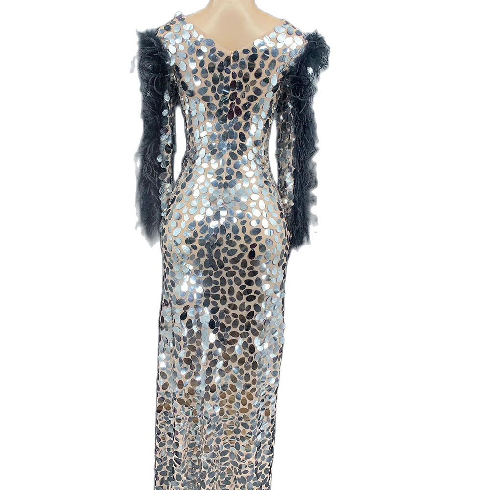 TAAFO Silver Sequins Mirrors Black Feathers Tight Split Fork Dress