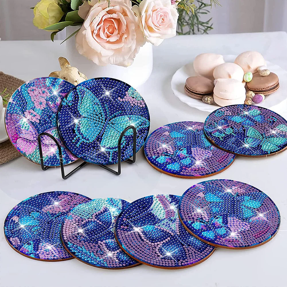 8pcs DIY Purple Butterfly Diamond Painting Coasters Kits Acrylic Full Drill Coaster Single Side Diamond
