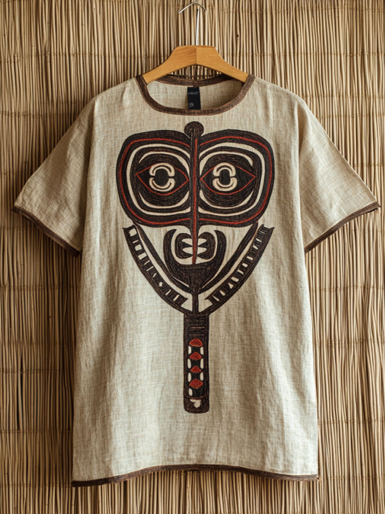 Men's Tribal African Masks Embroidery Art Print Linen T-shirt