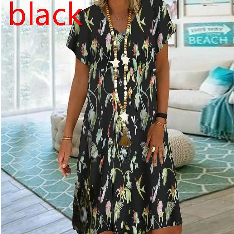 Fashion Loose V Neck Short Sleeve Printed Casual Dress