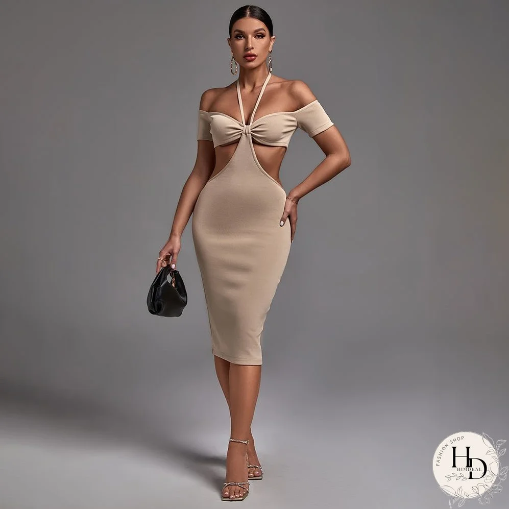 Halter Short Sleeve Cut Out Midi Bandage Dress
