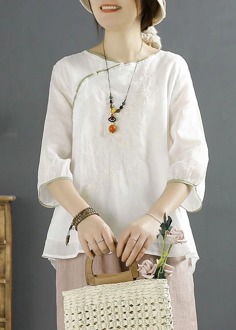 Vintage White Embroideried Chinese Button Patchwork Linen Shirt Top Summer