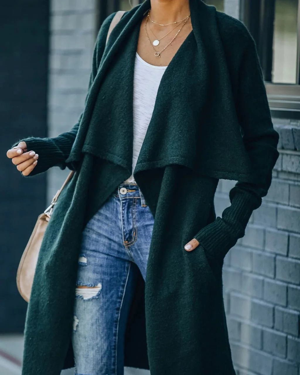 Women plus size clothing Women's V-neck Cardigan Jacket Mid-length Coat-Nordswear