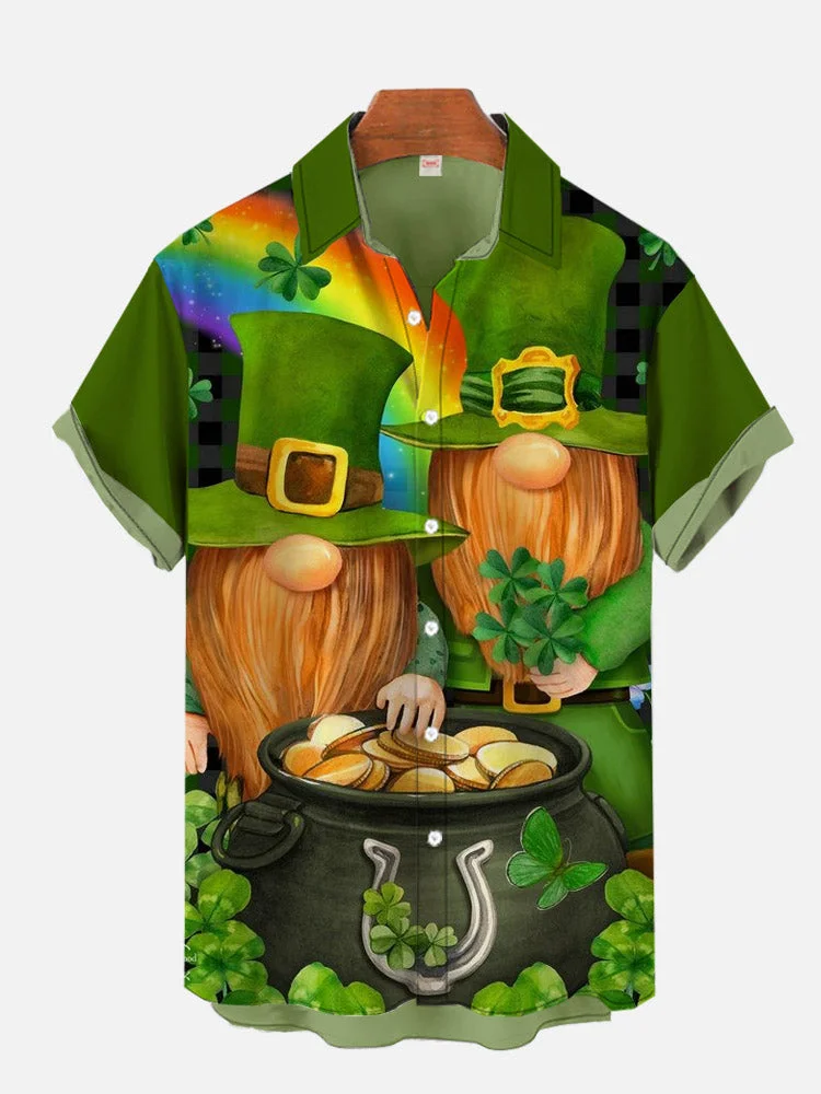 St. Patrick's Day Irish Gnomes Garden Printing Men's Short Sleeve Shirt