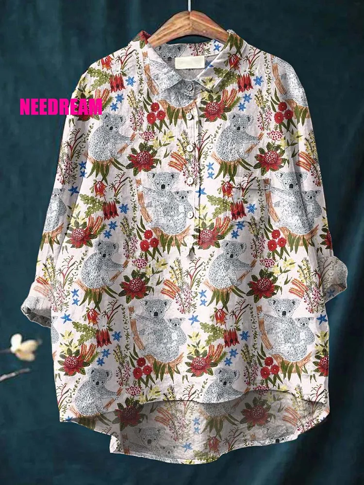 WomenS Koala Pattern Casual Cotton And Linen Shirt