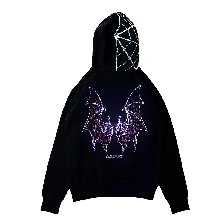 Y2K Rhinestone Cobweb Full Zip Up Oversized Sweatshirt Goth Hoodie Streetwear at Hiphopee