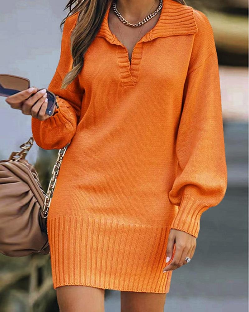 Lantern Sleeve Knit Sweater Dress