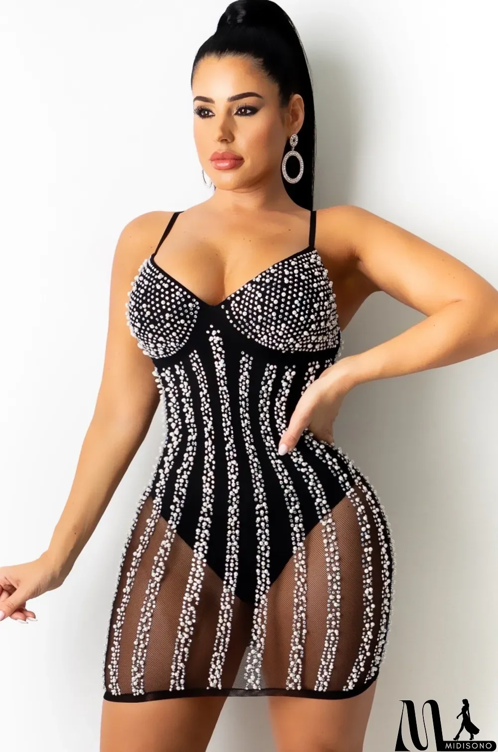 MidiSono - Summer Sexy Black Beaded Strap Mini Bodycon Dress