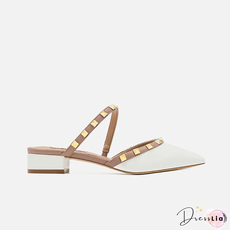 Pointed-toe Solid Color Splicing Studded Buckle Flat Sandals