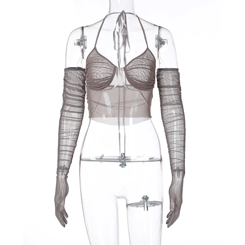 Dulzura Mesh Patchwork Women Laters Crop Top Gloves Ruched Bodycon Sexy See Through Sheer Party Club Streetwear 2021 Summer