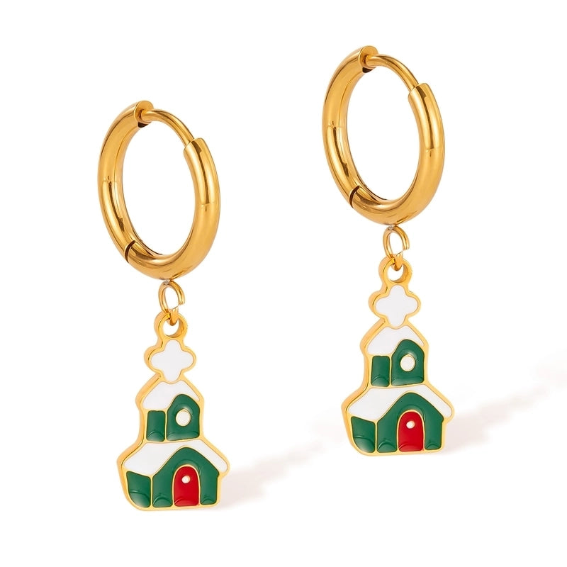 1 Pair Christmas IG Style Cute Christmas House Christmas Tree Bell Enamel Plating 304 Stainless Steel 18K Gold Plated Drop Earrings