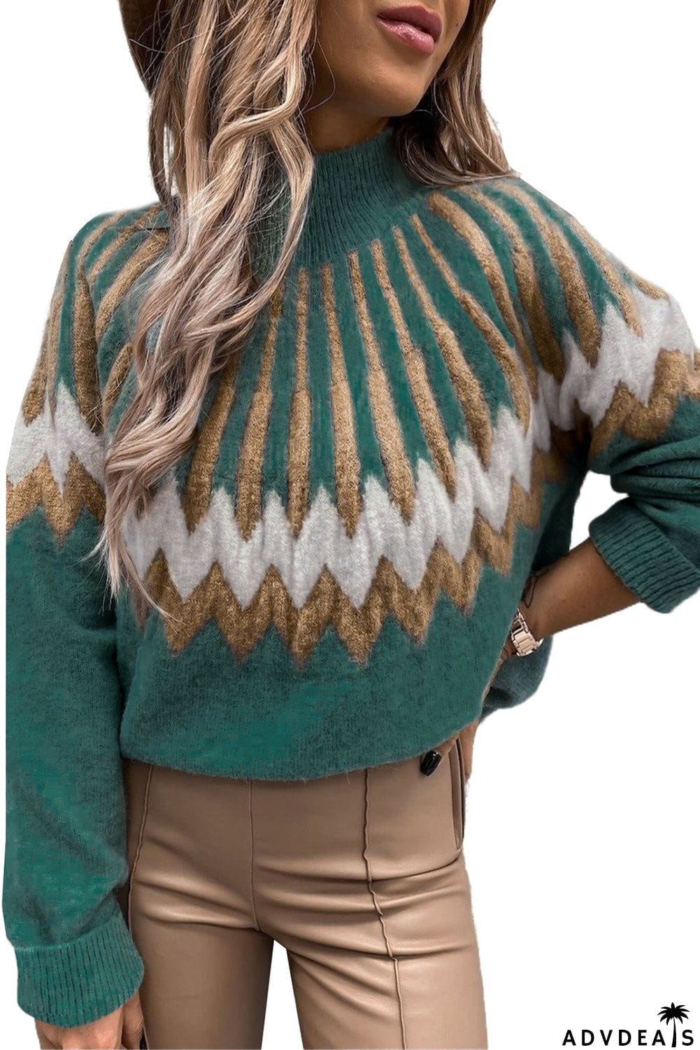 Stand Collar Geometric Pattern Pullover Sweater