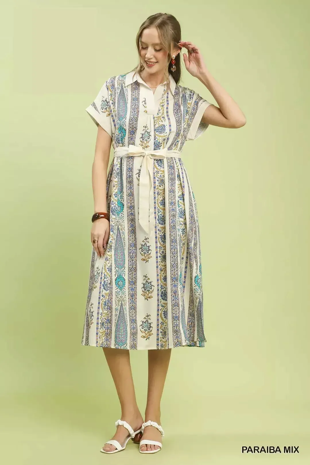 Umgee Vertical Print Tie Waist Midi Dress mysite idetrend