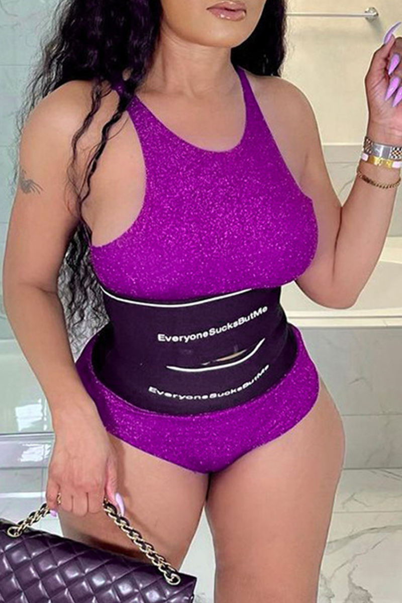 Purple Sexy Print Letter U Neck Sleeveless Two Pieces | EGEMISS
